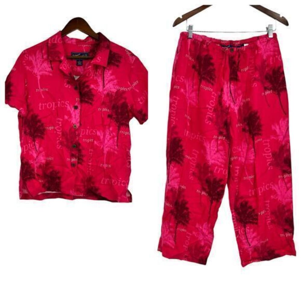 Vintage 90's Island Traders women's two piece pink palm tree tropics set large